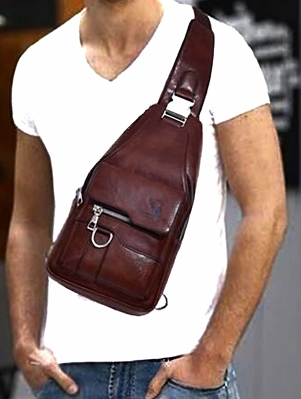 New Weixier Unisex Brown PU Leather Chest Sling Bag Crossbody Travel Pack